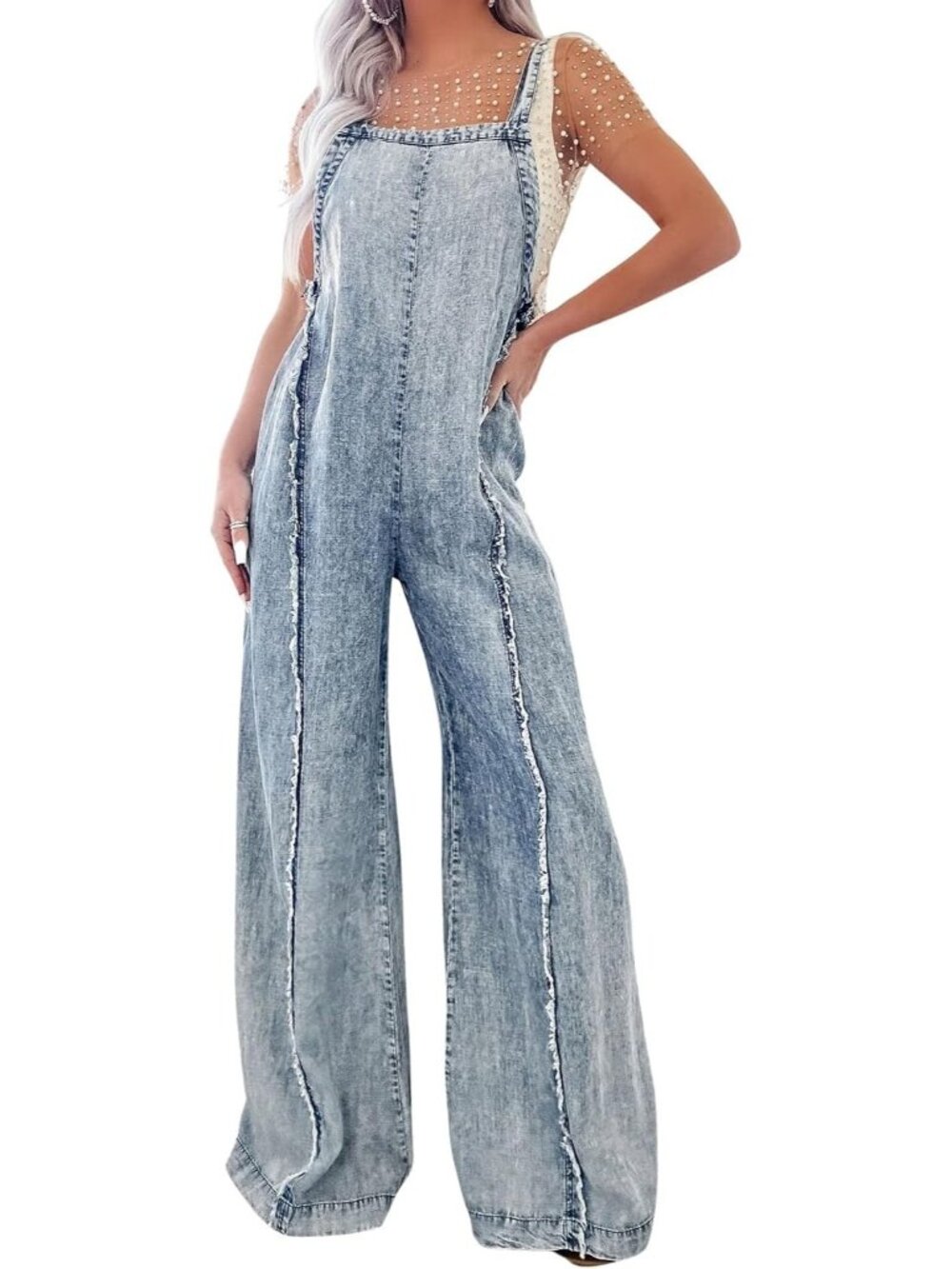 Women's Blue Loose Fit Denim Jumpsuit Adjustable Straps Wide Leg Jean Overalls